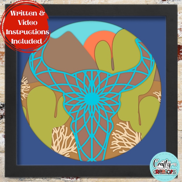 3D Western Svg Shadow Box, Cow Skull Mandala Shadow Box SVG, Cowboy Papercut, Western Scene Svg Files For Cricut with Easy Instructions