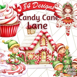 May include: A digital illustration featuring a whimsical Candy Cane Lane theme. The image includes a cupcake, a fairy, a house, and several cartoon characters. Text on the image reads "84 Designs" and "Candy Cane Lane".