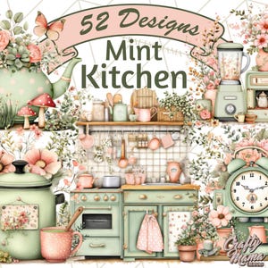 52 Mint Cottagecore Kitchen Clipart, Floral Kitchen PNG, Vintage Kitchen Utensil, Rustic Dishes, Country Cooking Element, Cozy Kitchen Decor