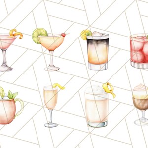 K&ouml;nnte beinhalten: Aquarellillustration von acht verschiedenen Cocktails. Die Getr&auml;nke befinden sich in verschiedenen Gl&auml;sern, darunter Martini-, Coupe- und Highball-Gl&auml;ser. Garnierungen sind Zitronenzesten, Limettenscheiben und Kirschen. Die Getr&auml;nke sind in Rosa-, Orange- und Braunt&ouml;nen gehalten.