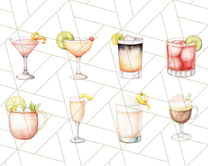 K&ouml;nnte beinhalten: Aquarellillustration von acht verschiedenen Cocktails. Die Getr&auml;nke befinden sich in verschiedenen Gl&auml;sern, darunter Martini-, Coupe- und Highball-Gl&auml;ser. Garnierungen sind Zitronenzesten, Limettenscheiben und Kirschen. Die Getr&auml;nke sind in Rosa-, Orange- und Braunt&ouml;nen gehalten.