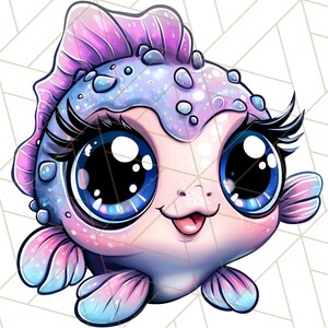 Pu&ograve; includere: Un'illustrazione di un pesce viola e blu con occhi grandi e scintillanti e una bocca rosa. Il pesce ha una pinna sulla testa e una coda con squame rosa e blu.