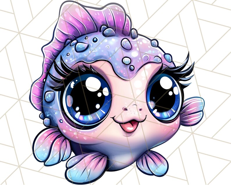 Pu&ograve; includere: Un'illustrazione di un pesce viola e blu con occhi grandi e scintillanti e una bocca rosa. Il pesce ha una pinna sulla testa e una coda con squame rosa e blu.