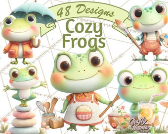 48 Png Whimsical Frog Clipart PNG, Cozy Cottagecore Frog Art, Cute Frog Illustrations, Printable Woodland Animal Clip Art, Relaxed Frogs PNG