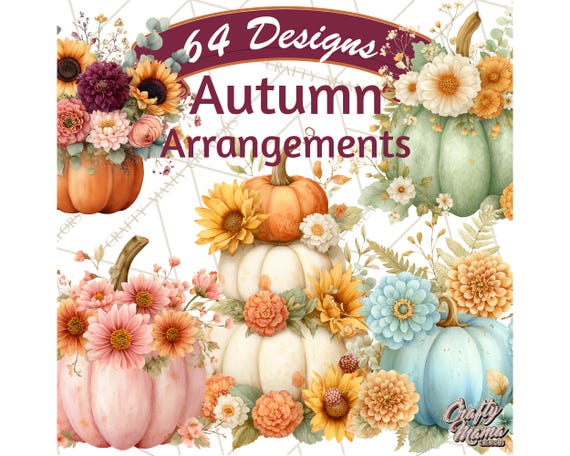 64 Png, Pumpkin Flower Bouquets Clipart, Fall Floral Arrangements PNG, Watercolor Autumn Clip Art, Thanksgiving Pumpkins Flowers, Printable