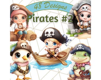 May include: A collection of whimsical pirate-themed illustrations. The image features several cartoon characters, including a girl, a boy in a boat, a bird, and a reptile, all dressed in pirate attire. The text "48 Designs Pirates #2" is displayed at the top.