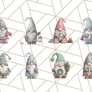 May include: Watercolor illustration of eight whimsical gnomes in winter attire. Each gnome has a long beard and a pointed hat, with details like mittens, scarves, and mugs. Some gnomes hold lanterns or small trees, set against a geometric background.
