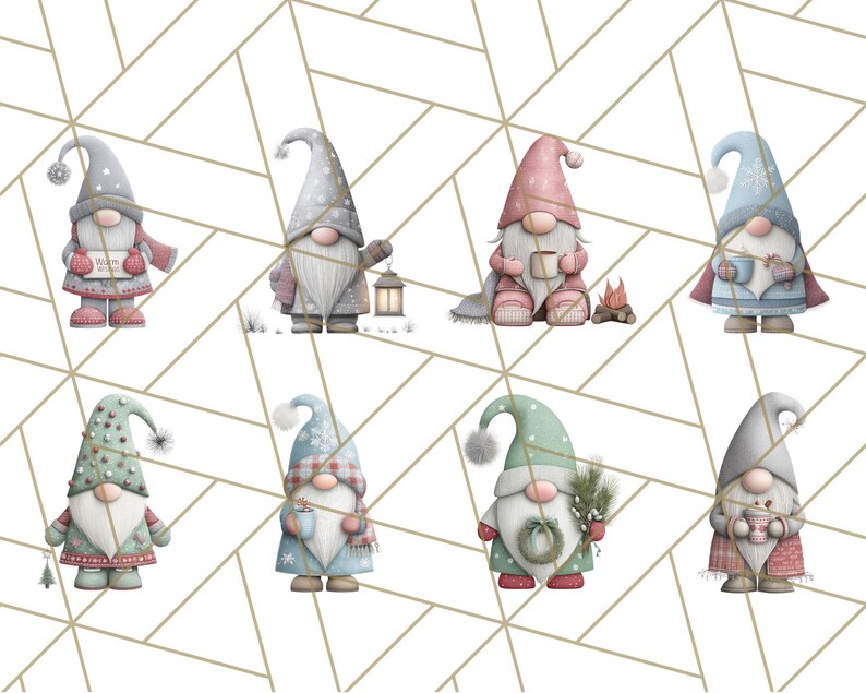 May include: Watercolor illustration of eight whimsical gnomes in winter attire. Each gnome has a long beard and a pointed hat, with details like mittens, scarves, and mugs. Some gnomes hold lanterns or small trees, set against a geometric background.