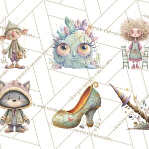 May include: Watercolor illustrations of whimsical characters and objects. Includes a puppet, a crystal-covered creature, a girl with curly hair, a wolf in a hooded coat, a high-heeled shoe, and a magic wand. The background has a geometric pattern.