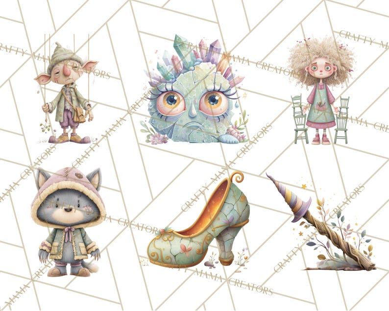 May include: Watercolor illustrations of whimsical characters and objects. Includes a puppet, a crystal-covered creature, a girl with curly hair, a wolf in a hooded coat, a high-heeled shoe, and a magic wand. The background has a geometric pattern.