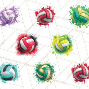 May include: Watercolor-style illustrations of volleyballs in various colors, including purple, red, green, and teal. Each ball is surrounded by a splash of matching paint, creating a dynamic and artistic effect. The volleyballs have white panels.