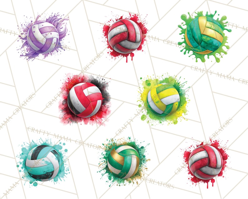 May include: Watercolor-style illustrations of volleyballs in various colors, including purple, red, green, and teal. Each ball is surrounded by a splash of matching paint, creating a dynamic and artistic effect. The volleyballs have white panels.