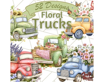 Cottagecore Vintage Truck Clipart, Rustic Floral Truck PNG, Farmhouse Aesthetic, Pastel Country Truck Illustration, Sublimation Graphics Png