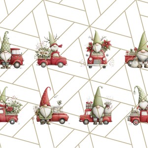 May include: Watercolor illustration featuring eight red trucks, each with a different gnome and holiday decorations. Gnomes wear green and red hats and are surrounded by gifts, flowers, and winter foliage. The background is a white geometric pattern.