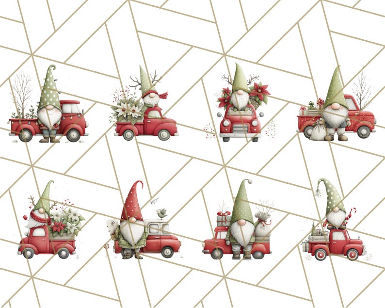 May include: Watercolor illustration featuring eight red trucks, each with a different gnome and holiday decorations. Gnomes wear green and red hats and are surrounded by gifts, flowers, and winter foliage. The background is a white geometric pattern.