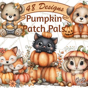 Peut inclure: Illustration numérique avec des animaux de dessins animés mignons, dont un ours, un chien, un chat, un renard et un écureuil, tous sur le thème de l'automne. L'image comprend des citrouilles et le texte "48 Designs Pumpkin Patch Pals."