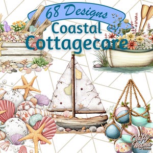 May include: Watercolor illustrations with a coastal cottagecore theme. The image features a sailboat, seashells, starfish, and hanging buoys. Text reads "68 Designs Coastal Cottagecore" in a blue banner. The overall color palette includes soft pastels and natural tones.