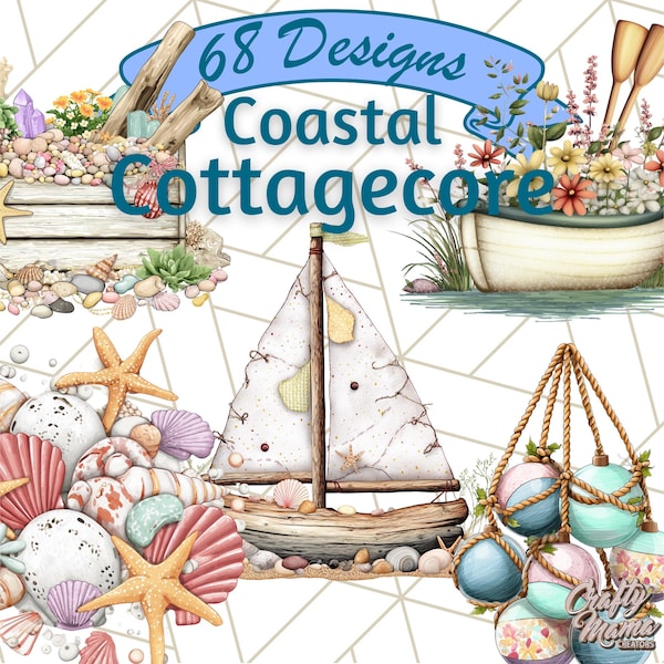 Imágenes prediseñadas PNG de verano estilo cottagecore costero, imágenes prediseñadas de elementos suaves de cabaña playera, arte de picnic con té y conchas marinas, imágenes PNG costeras vintage