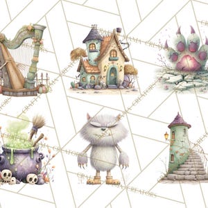 May include: Watercolor illustrations of Halloween-themed elements. Includes a skeleton playing a harp, a whimsical house, a monster paw print, a cauldron with bubbling green liquid, a furry monster, and a tower with stairs.