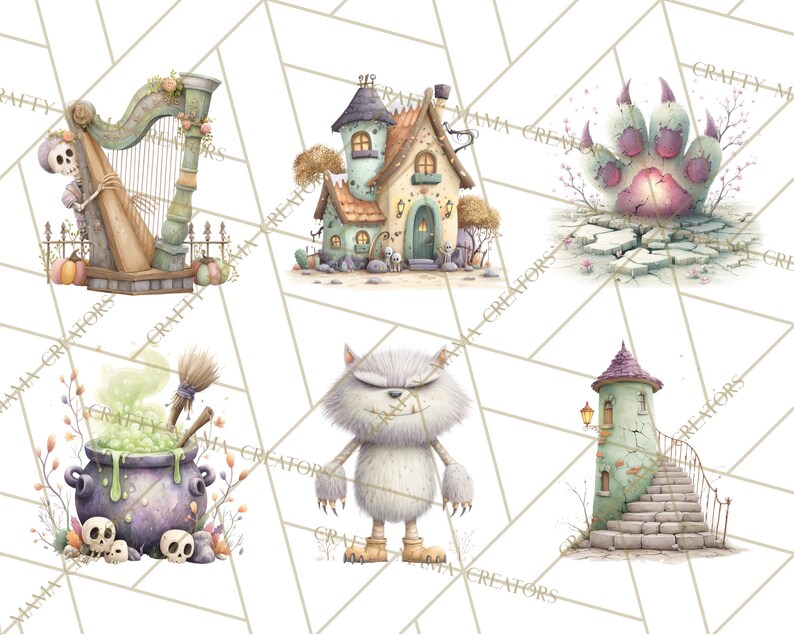 May include: Watercolor illustrations of Halloween-themed elements. Includes a skeleton playing a harp, a whimsical house, a monster paw print, a cauldron with bubbling green liquid, a furry monster, and a tower with stairs.