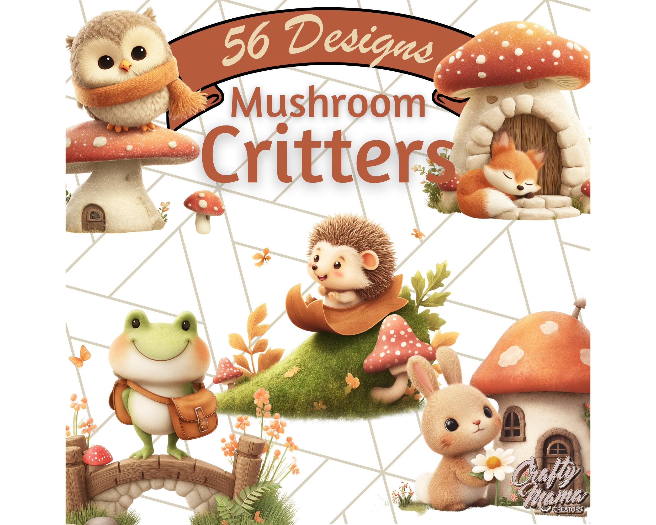 Whimsical Mushroom House Clipart, Cute Woodland Animal Village PNG, Fox Squirrel Bunny Mouse Deer Owl Clip Art, Forest Cottage PNG
