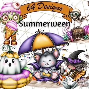 Summerween Beach Party Clipart PNG, Spooky Cute Halloween Beach Clip Art, Tropical Halloween Graphics, Kawaii Summer Skeletons, Ghosts