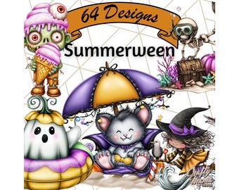 Summerween Beach Party Clipart PNG, Spooky Cute Halloween Beach Clip Art, Tropical Halloween Graphics, Kawaii Summer Skeletons, Ghosts