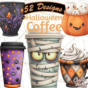 May include: A collection of Halloween-themed coffee cup designs. The image features various cups with spooky illustrations, including a mummy, spiders, and a pumpkin with marshmallows. Text reads "52 Designs Halloween Coffee".