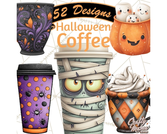 52 Png, Halloween Coffee Cups Clipart PNG, Cute Spooky Drink Mugs, Pumpkin Latte, Ghost Patterned Mugs, Halloween Drinkware