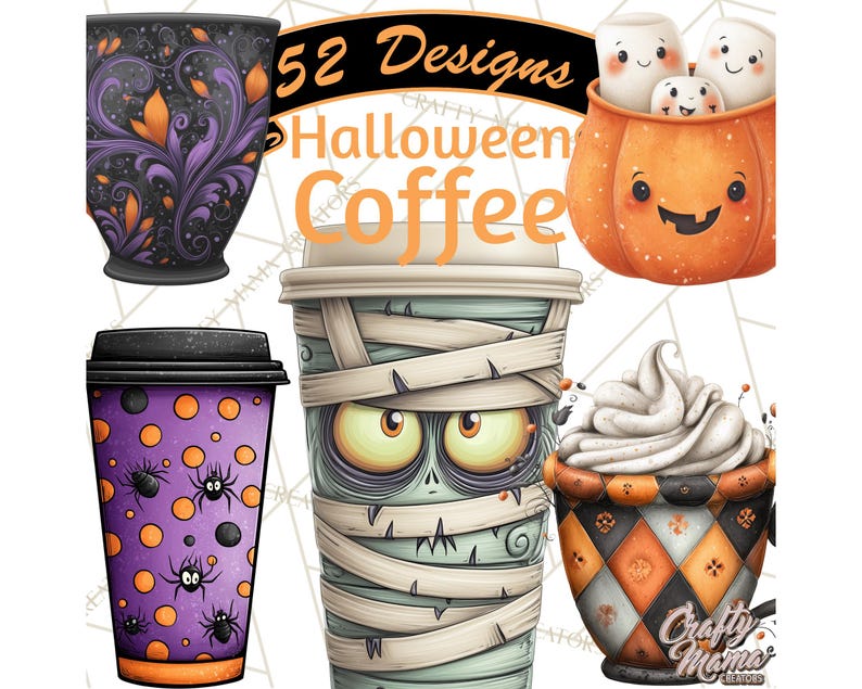 May include: A collection of Halloween-themed coffee cup designs. The image features various cups with spooky illustrations, including a mummy, spiders, and a pumpkin with marshmallows. Text reads "52 Designs Halloween Coffee".