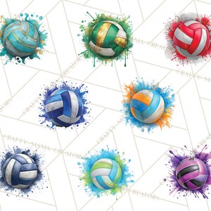 May include: Watercolor-style illustrations of volleyballs in various colors, including teal, green, red, blue, orange, and purple. Each ball is surrounded by a splash of matching paint, creating a dynamic and artistic effect. The balls have a classic panel design.