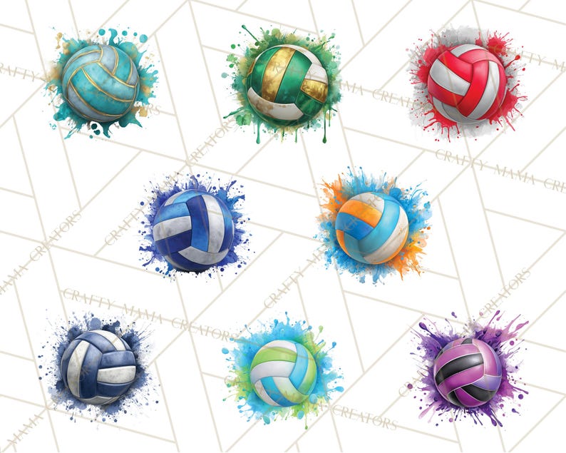 May include: Watercolor-style illustrations of volleyballs in various colors, including teal, green, red, blue, orange, and purple. Each ball is surrounded by a splash of matching paint, creating a dynamic and artistic effect. The balls have a classic panel design.