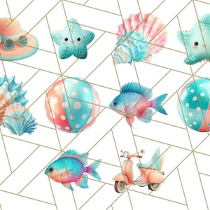 May include: A collection of summer-themed illustrations, including a pink and blue seashell, a blue starfish with a smiling face, a pink and blue beach ball, a pink and blue fish, a pink and blue beach hat, a pink and blue scooter, and a pink and blue seashell.