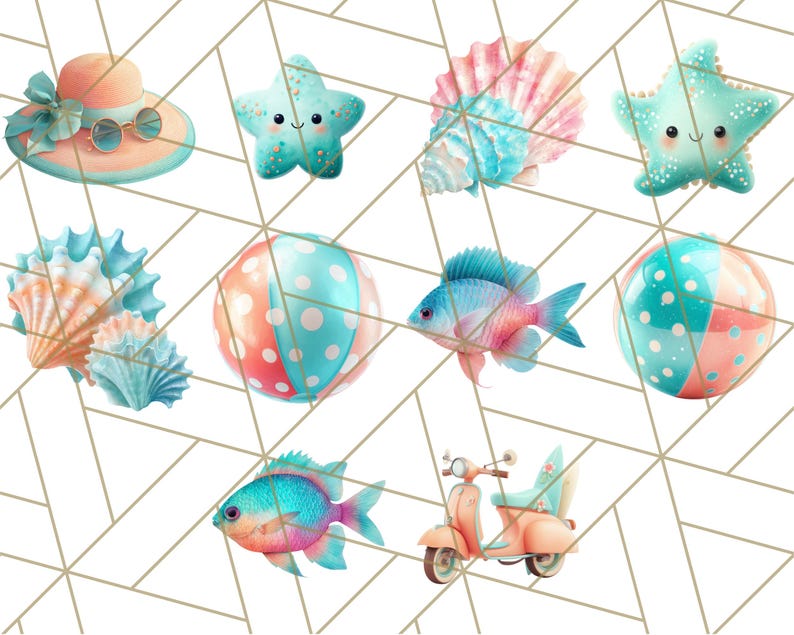 May include: A collection of summer-themed illustrations, including a pink and blue seashell, a blue starfish with a smiling face, a pink and blue beach ball, a pink and blue fish, a pink and blue beach hat, a pink and blue scooter, and a pink and blue seashell.