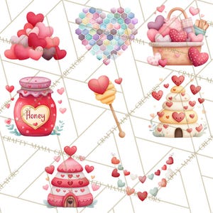 May include: Watercolor illustrations of Valentine's Day themed items. Includes a pile of hearts, a heart-shaped honeycomb, a basket of hearts, a jar of honey, a honey dipper, a heart-shaped cake, and a garland of hearts.
