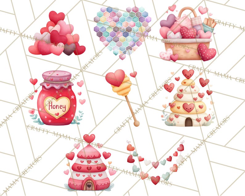 May include: Watercolor illustrations of Valentine's Day themed items. Includes a pile of hearts, a heart-shaped honeycomb, a basket of hearts, a jar of honey, a honey dipper, a heart-shaped cake, and a garland of hearts.