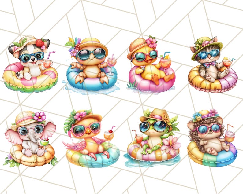Cute Animal Pool Floaties Clipart, Summer Beach PNG, Cute Animal ...