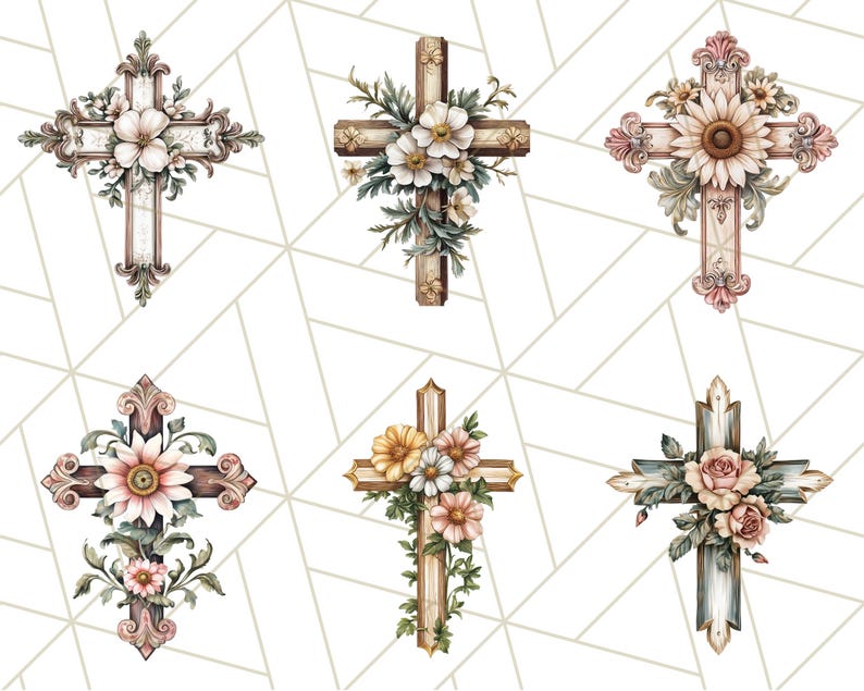 Aquarel bloemen christelijk kruis PNG, religieuze clipart voor sublimatie, op geloof gebaseerde digitale download, afdrukbare paaskruis, bloemenkruis afbeelding 5
