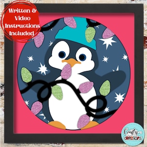 Caja de sombras SVG de pingüino 3D, caja de sombras SVG de Navidad, recorte de papel en capas de invierno, luces navideñas, archivos para Cricut con instrucciones sencillas