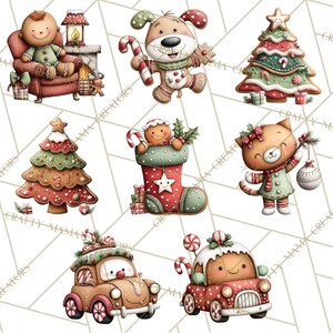 K&ouml;nnte beinhalten: Eine Sammlung skurriler Illustrationen zum Thema Weihnachten. Die Bilder zeigen Lebkuchenfiguren, darunter ein Lebkuchenmann in einem Stuhl, ein Hund mit einer Zuckerstange und eine Katze, die eine Christbaumkugel h&auml;lt. Weitere Bilder zeigen Lebkuchen-Weihnachtsb&auml;ume und -Autos.