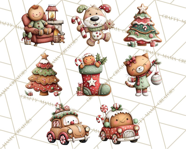 K&ouml;nnte beinhalten: Eine Sammlung skurriler Illustrationen zum Thema Weihnachten. Die Bilder zeigen Lebkuchenfiguren, darunter ein Lebkuchenmann in einem Stuhl, ein Hund mit einer Zuckerstange und eine Katze, die eine Christbaumkugel h&auml;lt. Weitere Bilder zeigen Lebkuchen-Weihnachtsb&auml;ume und -Autos.