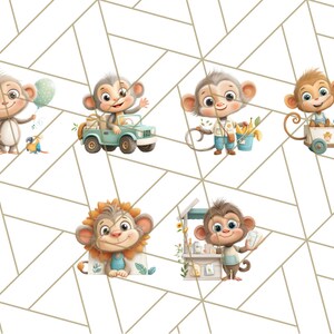 May include: A collection of cartoon monkey illustrations. One monkey holds a balloon and a parrot, another drives a teal jeep, and others are depicted with various accessories. The background features a geometric pattern.
