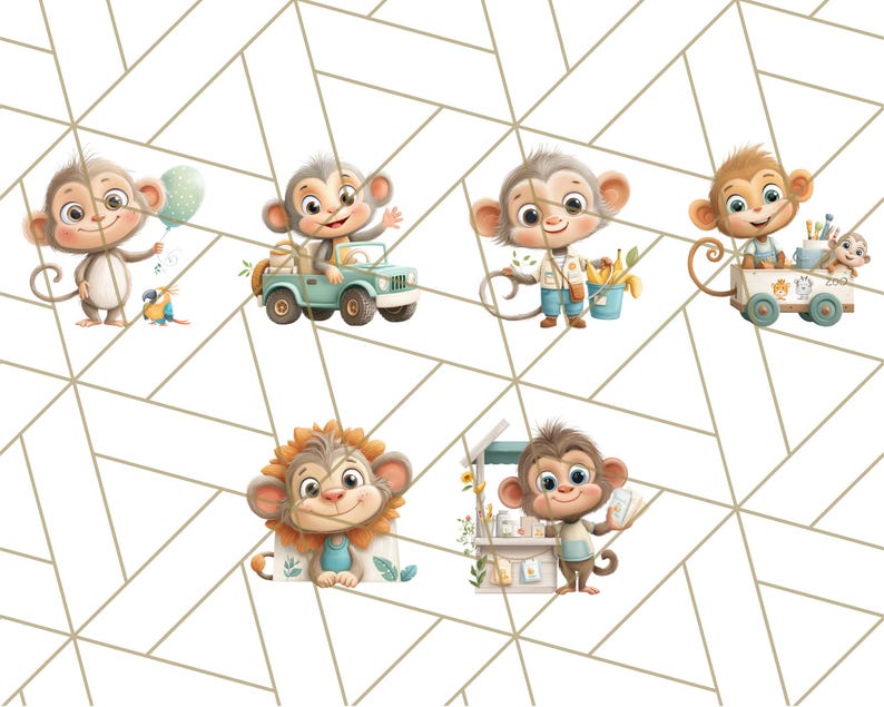 May include: A collection of cartoon monkey illustrations. One monkey holds a balloon and a parrot, another drives a teal jeep, and others are depicted with various accessories. The background features a geometric pattern.
