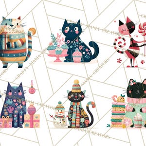 Op de afbeelding: Een verzameling van zes grillige kattenillustraties. Elke kat is uniek ontworpen met feestelijke kleding en accessoires, waaronder truien, hoeden en decoratieve elementen. Het kleurenpalet omvat blauw, roze en groen, wat een vrolijke en speelse esthetiek cre&euml;ert.