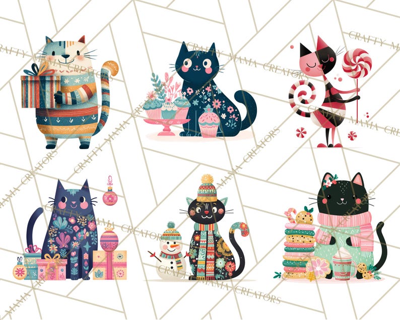 Op de afbeelding: Een verzameling van zes grillige kattenillustraties. Elke kat is uniek ontworpen met feestelijke kleding en accessoires, waaronder truien, hoeden en decoratieve elementen. Het kleurenpalet omvat blauw, roze en groen, wat een vrolijke en speelse esthetiek cre&euml;ert.