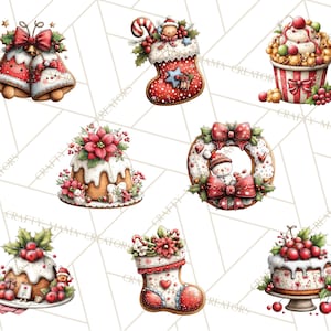 Puede incluir: Ilustraciones en acuarela de elementos navide&ntilde;os. La imagen presenta campanas, un calcet&iacute;n, una magdalena, una corona y pasteles, todos decorados con elementos festivos como acebo, mu&ntilde;ecos de nieve y lazos rojos. La paleta de colores incluye rojo, blanco y verde.
