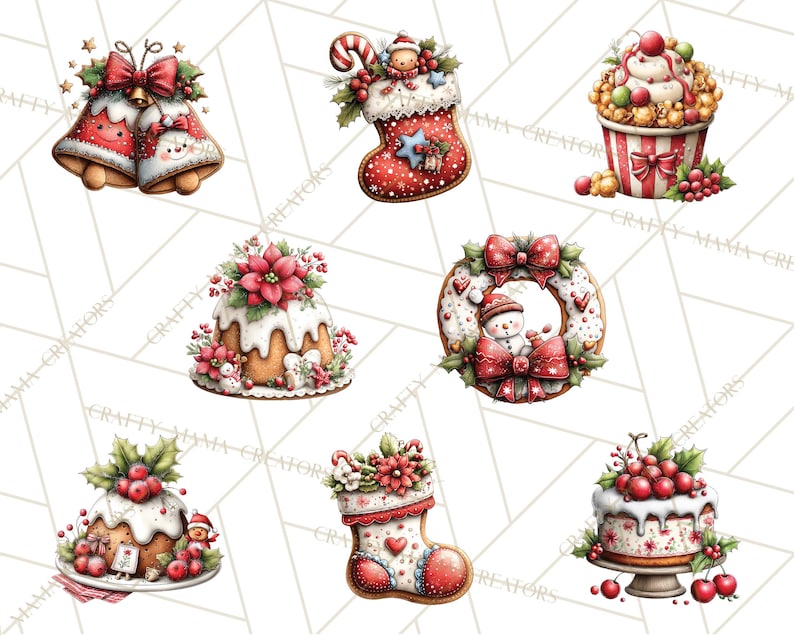 Puede incluir: Ilustraciones en acuarela de elementos navide&ntilde;os. La imagen presenta campanas, un calcet&iacute;n, una magdalena, una corona y pasteles, todos decorados con elementos festivos como acebo, mu&ntilde;ecos de nieve y lazos rojos. La paleta de colores incluye rojo, blanco y verde.