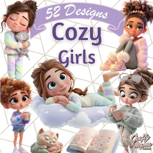 Cozy Girl Clipart PNG, Cute Soft Pastel Cartoon Girl Clip Art, Cozy Accessories PNG, Big Eye Characters, Fall Hygge Aesthetic