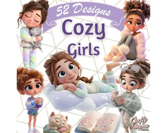 Cozy Girl Clipart PNG, Cute Soft Pastel Cartoon Girl Clip Art, Cozy Accessories PNG, Big Eye Characters, Fall Hygge Aesthetic