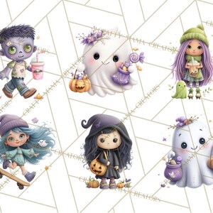 Peut inclure: Une collection d'illustrations fantaisistes sur le th&egrave;me d'Halloween. Les images pr&eacute;sentent des personnages mignons comme un zombie, des fant&ocirc;mes et une sorci&egrave;re, chacun avec des accessoires uniques tels que des citrouilles, des bonbons et des boissons. L'&oelig;uvre a un style doux &agrave; l'aquarelle.